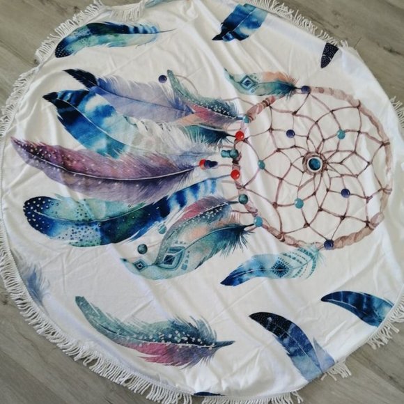 BOHO BEACH ROUND TOWEL White Blue Dreamcatcher - Picture 2 of 2
